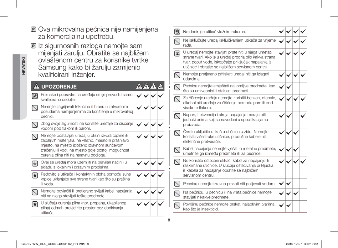 Samsung GE76V-WW/BOL manual Upozorenje 