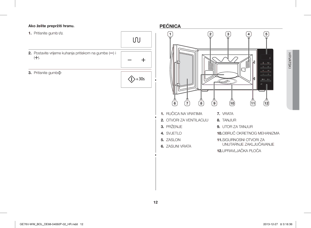 Samsung GE76V-WW/BOL manual Pećnica, Ako želite prepržiti hranu 