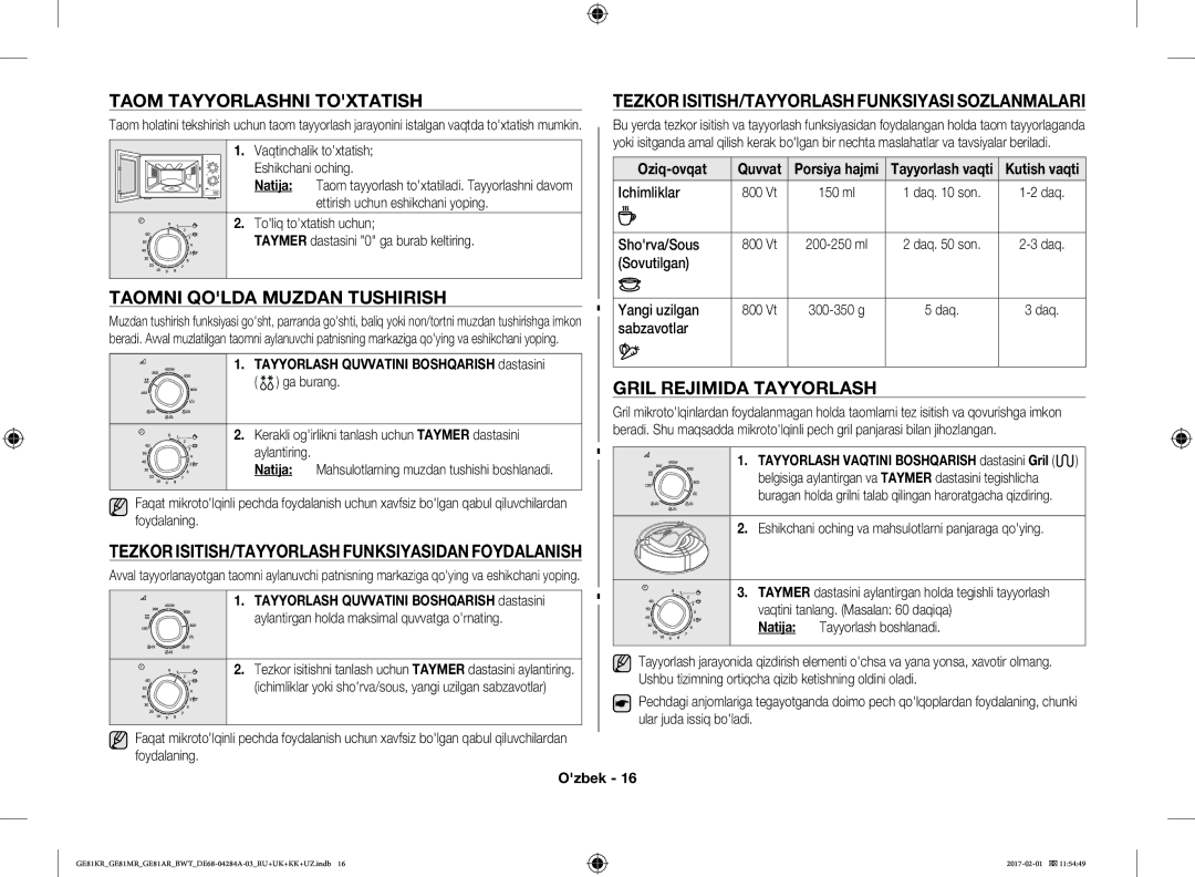 Samsung GE81ARW/BW, GE81MRTB/BW manual Taom Tayyorlashni Toxtatish, Taomni Qolda Muzdan Tushirish, Gril Rejimida Tayyorlash 