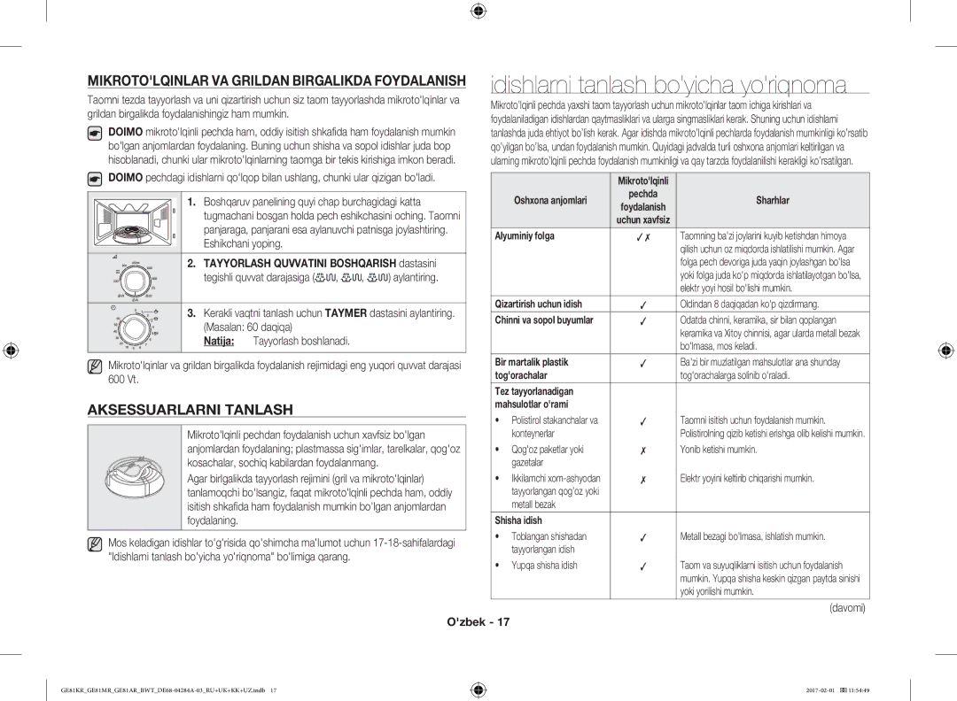 Samsung GE81MRTB/BW, GE81ARW/BW manual Aksessuarlarni Tanlash, Mikrotolqinlar VA Grildan Birgalikda Foydalanish, Davomi 