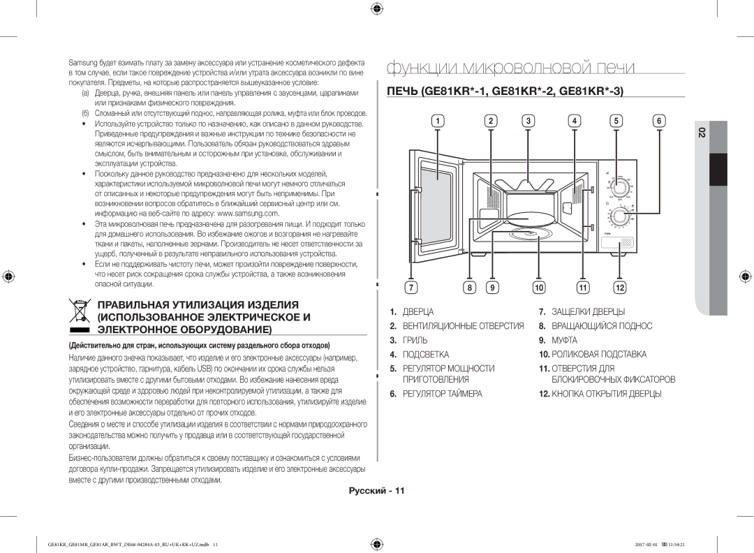 Samsung GE81KRW-1/BW, GE81ARW/BW Функции микроволновой печи, Правильная Утилизация Изделия, Использованное Электрическое И 