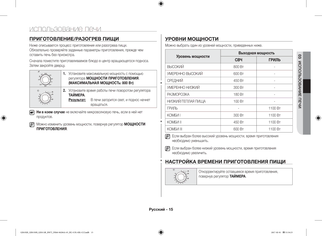 Samsung GE81KRW-1/BW, GE81ARW/BW, GE81MRTB/BW, GE81KRW-2/BW Использование печи, ПРИГОТОВЛЕНИЕ/РАЗОГРЕВ Пищи, Уровни Мощности 