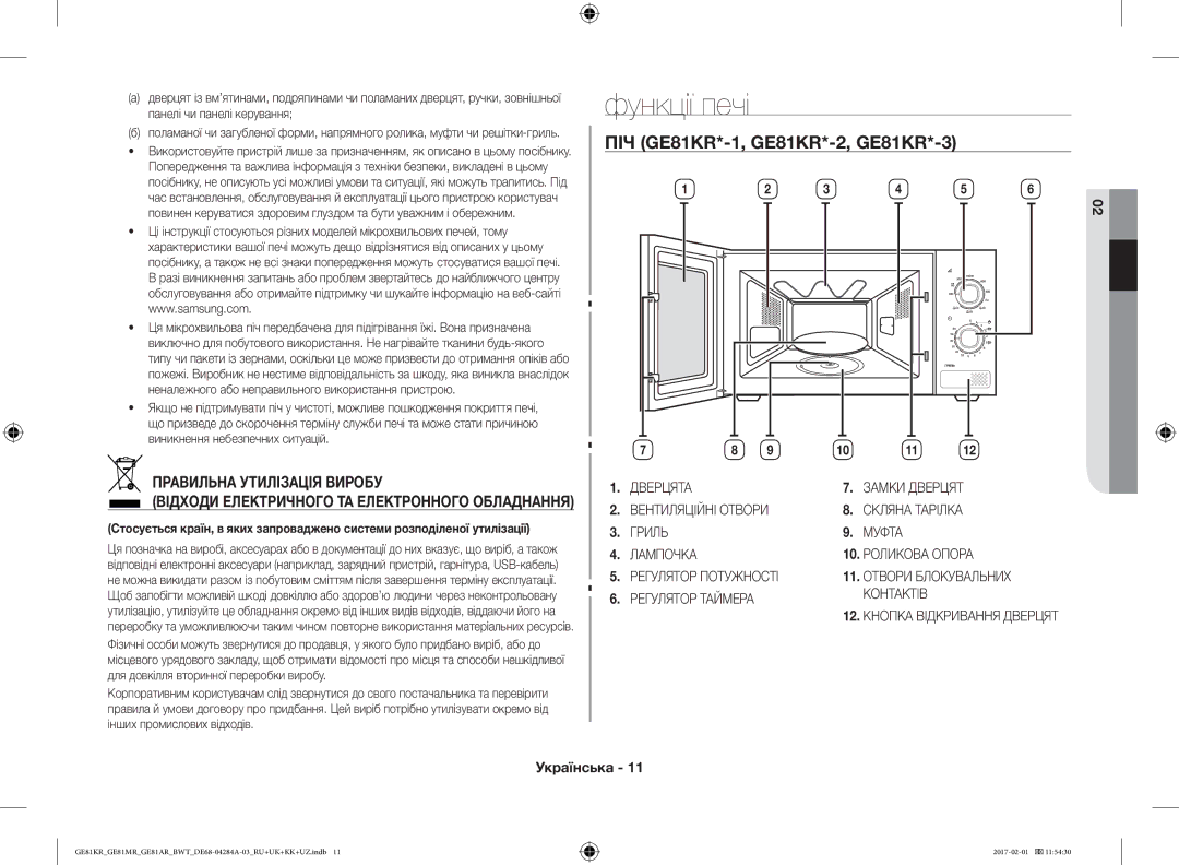 Samsung GE81KRW-1/BW, GE81ARW/BW, GE81MRTB/BW, GE81KRW-2/BW manual Функції печі, Правильна Утилізація Виробу, 02ФУНКЦІЇ Печі 