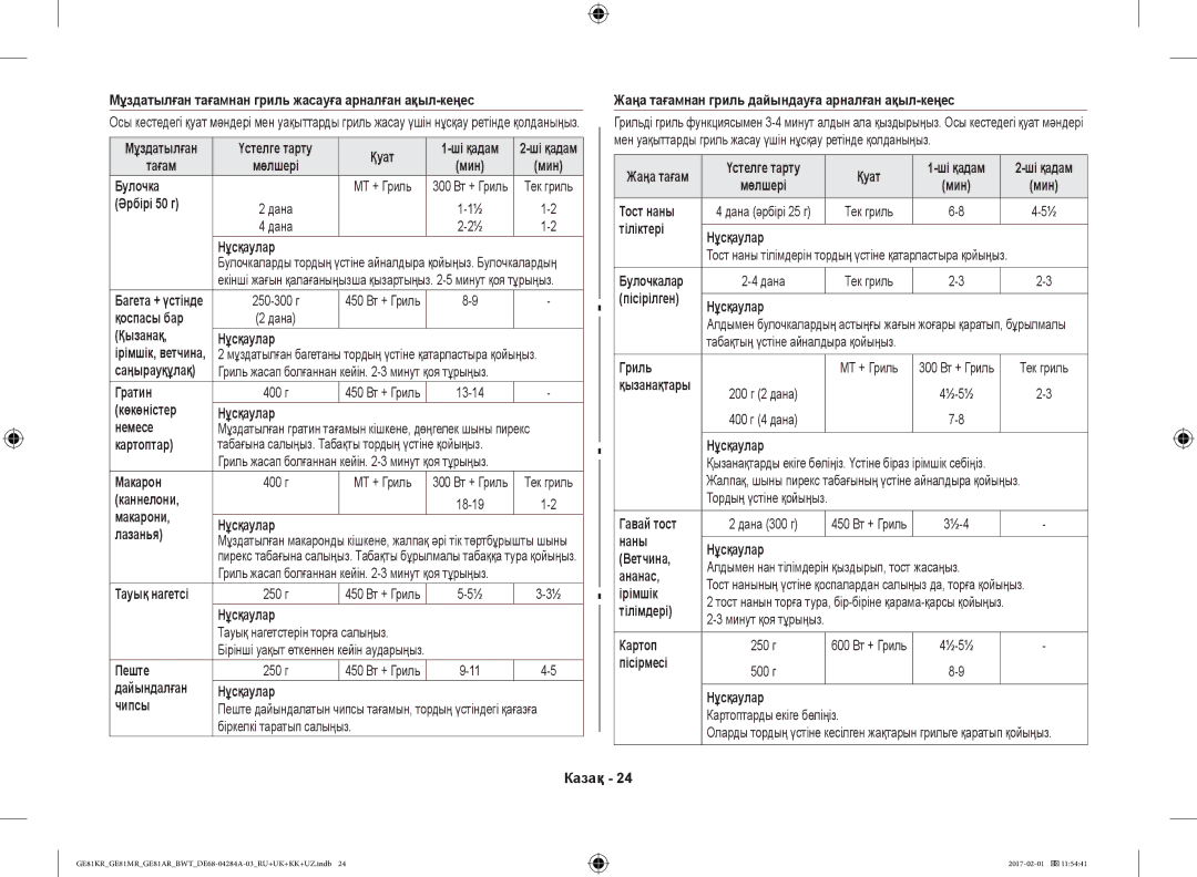 Samsung GE81ARW/BW manual Мұздатылған тағамнан гриль жасауға арналған ақыл-кеңес, Булочка, Әрбірі 50 г, Қоспасы бар, Гратин 