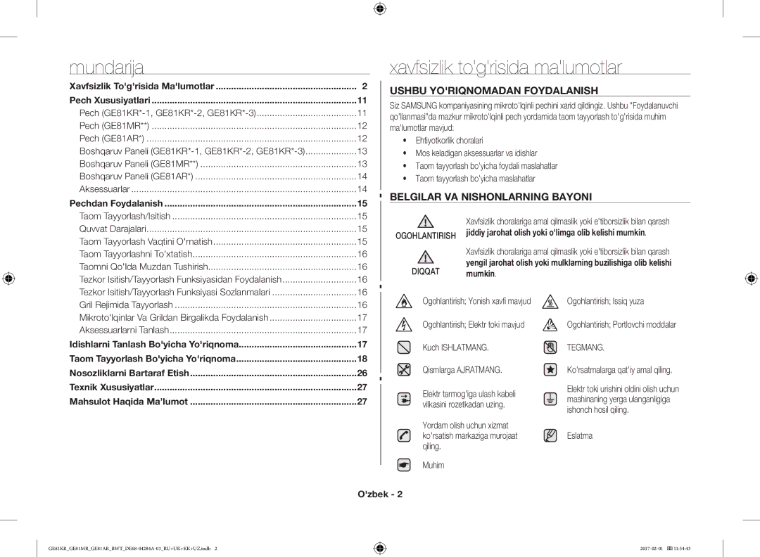 Samsung GE81KRW-2/BW Xavfsizlik togrisida malumotlar, Ushbu Yoriqnomadan Foydalanish, Belgilar VA Nishonlarning Bayoni 