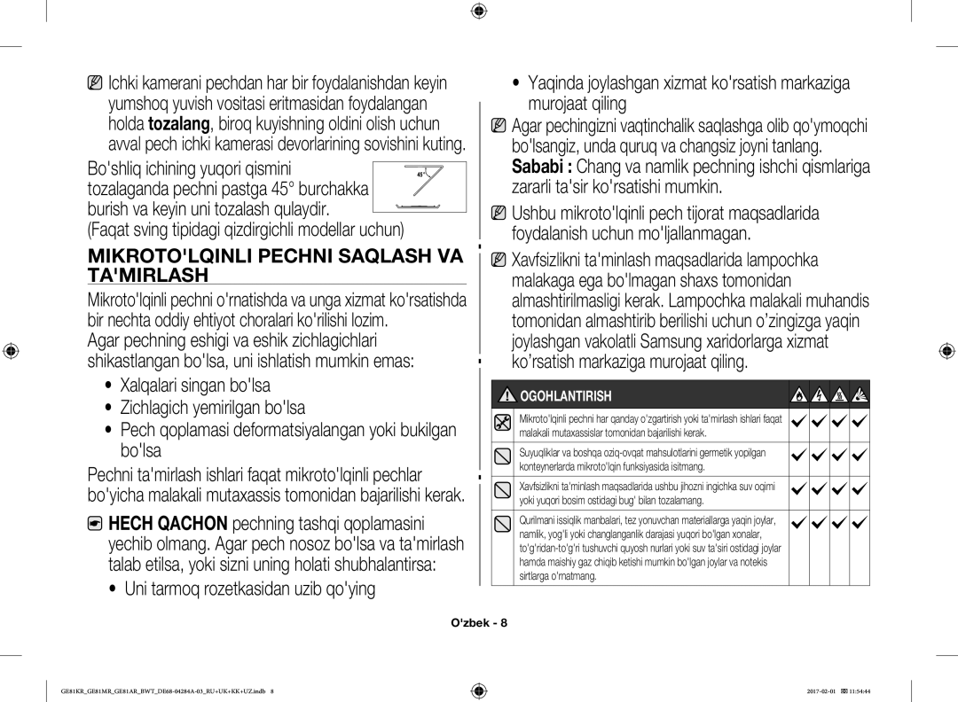 Samsung GE81ARW/BW, GE81MRTB/BW, GE81KRW-2/BW, GE81KRW-1/BW manual Mikrotolqinli Pechni Saqlash VA, Tamirlash 