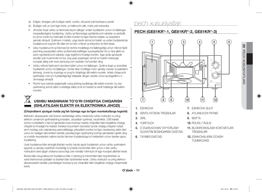 Samsung GE81KRW-1/BW manual Pech xususiyatlari, Tirqishlari, Eshikchalarni Ochish, Tugmachasi PECH02 Xususiyatlari 