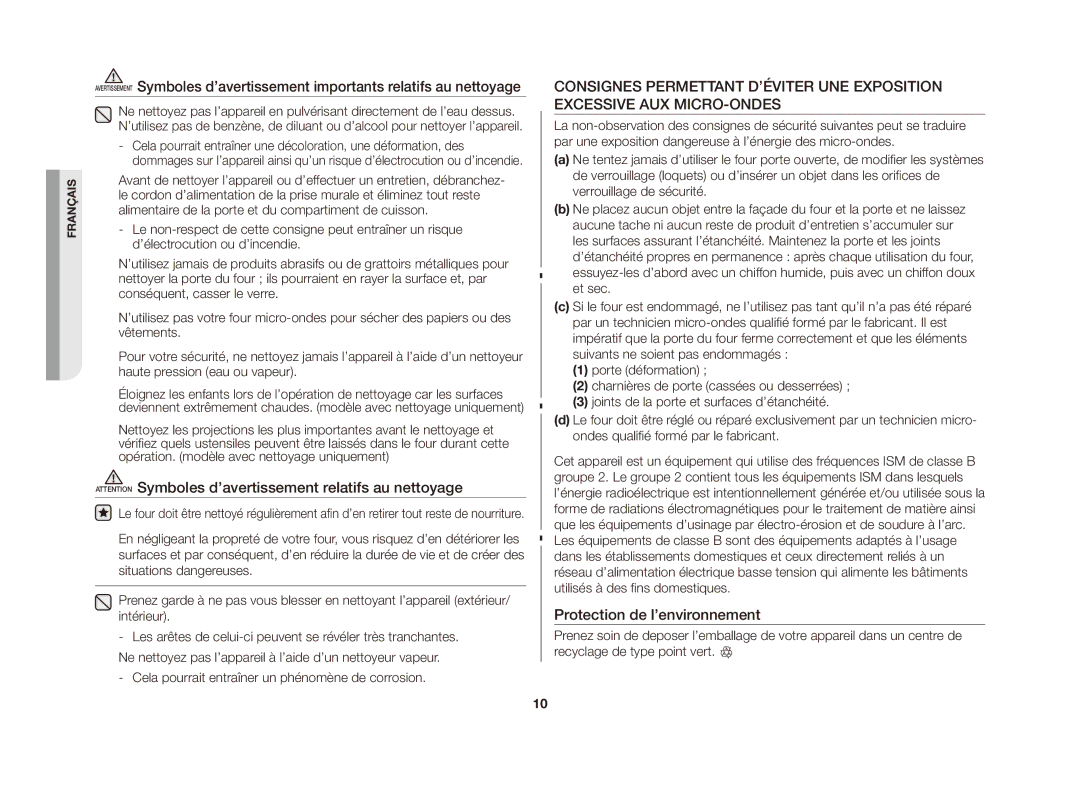 Samsung GE81A/XEF manual Protection de l’environnement, Cela pourrait entraîner un phénomène de corrosion 