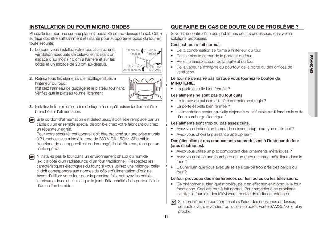 Samsung GE81A/XEF manual Installation du four micro-ondes, Que faire en cas de doute ou de problème ? 