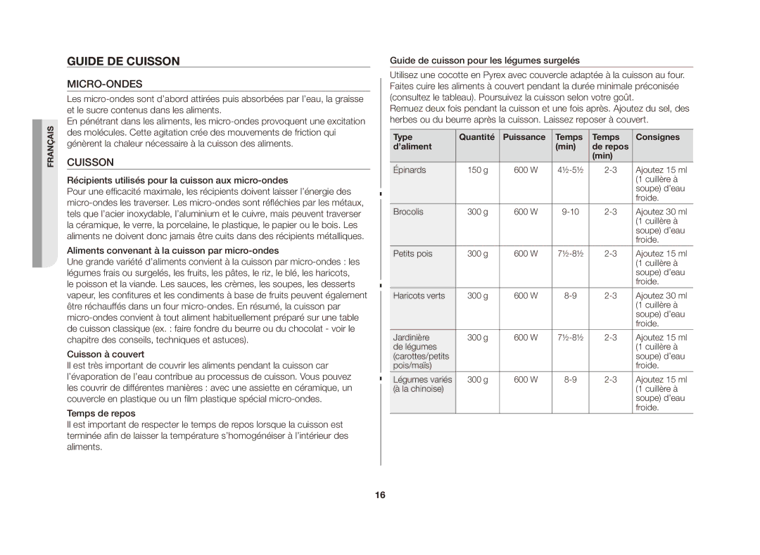 Samsung GE81A/XEF manual Guide de cuisson, Micro-Ondes, Cuisson 