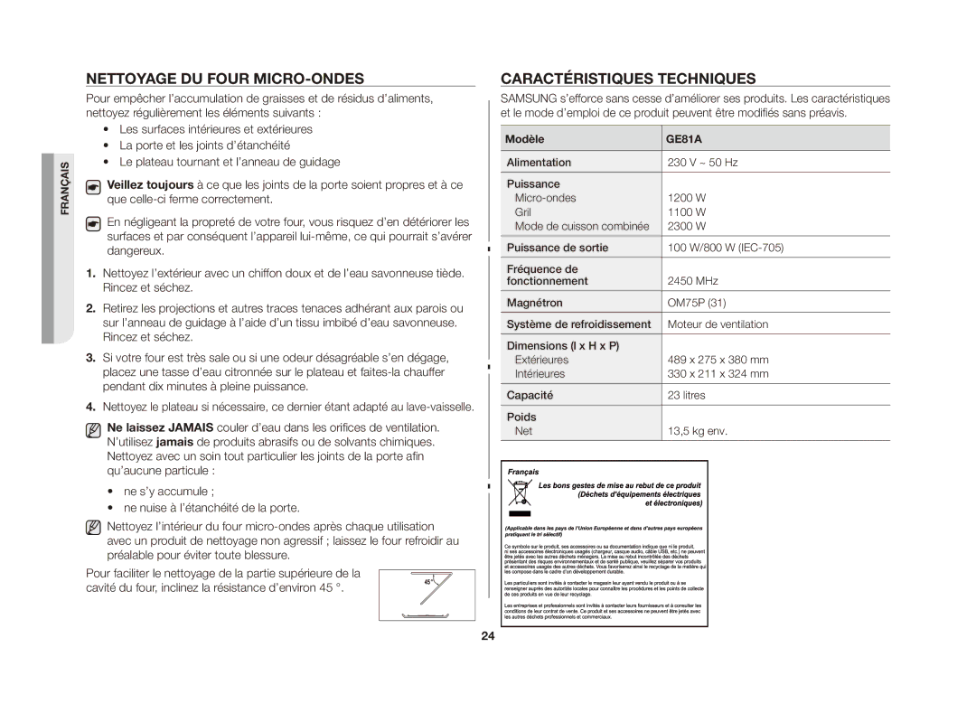 Samsung GE81A/XEF manual Nettoyage du four micro-ondes, Caractéristiques techniques, Modèle 