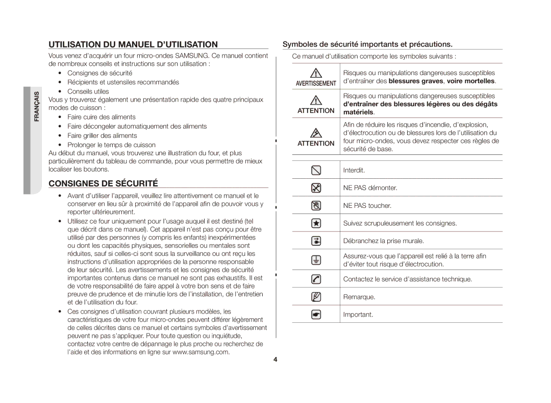 Samsung GE81A/XEF manual Utilisation du manuel d’utilisation, Consignes de sécurité, Sécurité de base 