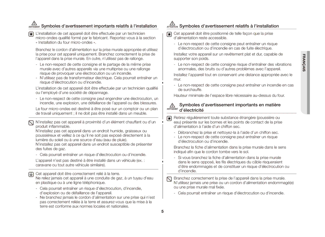 Samsung GE81A/XEF manual Symboles d’avertissement importants en matière 