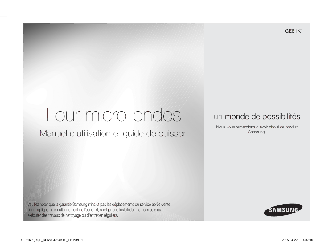 Samsung GE81KS-1/XEF, GE81K-1/XEF manual Four micro-ondes, Nous vous remercions davoir choisi ce produit Samsung 