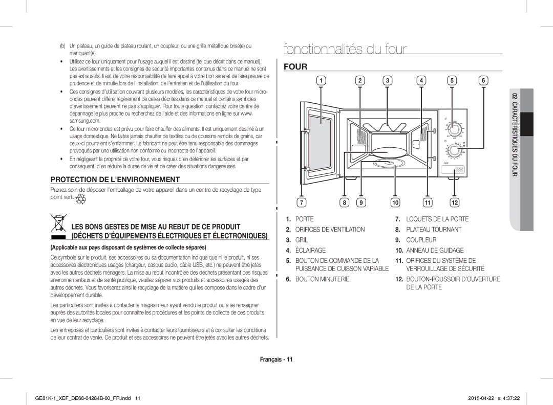 Samsung GE81KS-1/XEF, GE81K-1/XEF manual Fonctionnalités du four, Four, Protection DE Lenvironnement 