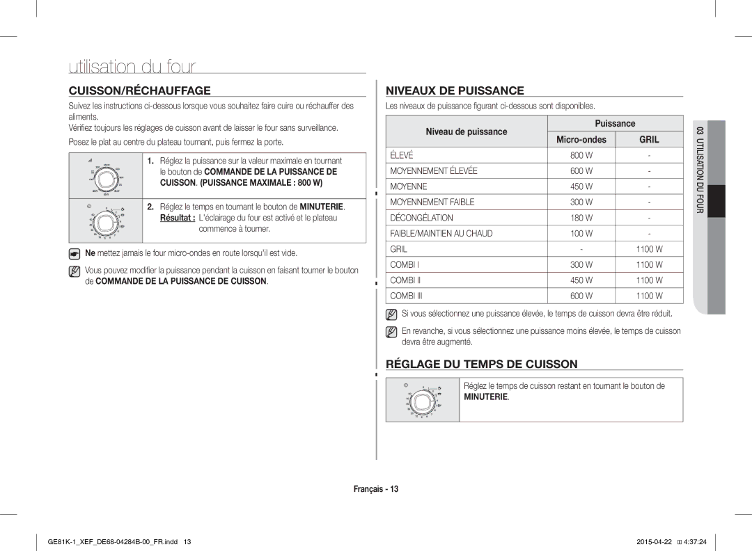 Samsung GE81KS-1/XEF manual Utilisation du four, Cuisson/Réchauffage, Niveaux DE Puissance, Réglage DU Temps DE Cuisson 