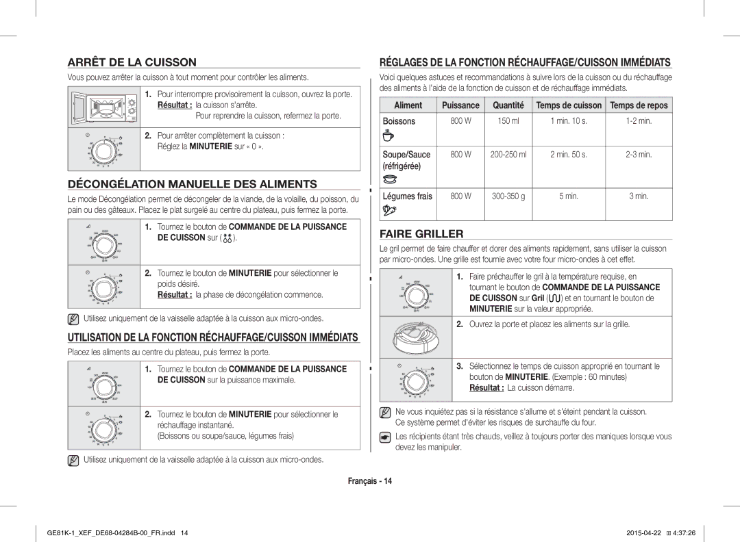 Samsung GE81K-1/XEF, GE81KS-1/XEF manual Arrêt DE LA Cuisson, Décongélation Manuelle DES Aliments, Faire Griller 