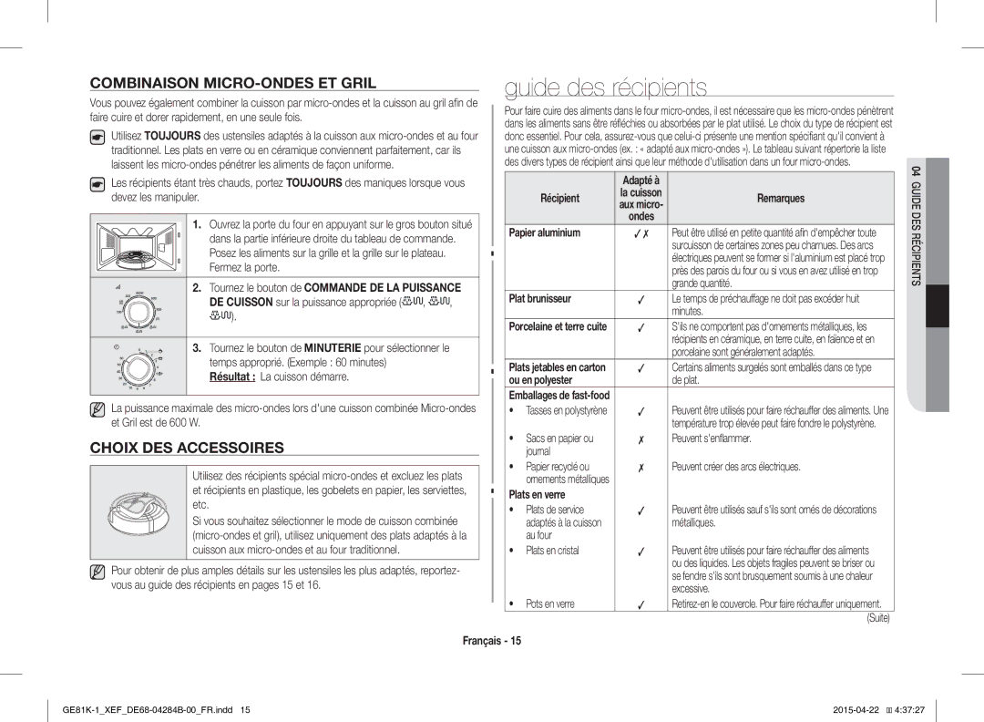 Samsung GE81KS-1/XEF, GE81K-1/XEF manual Guide des récipients, Combinaison MICRO-ONDES ET Gril, Choix DES Accessoires 