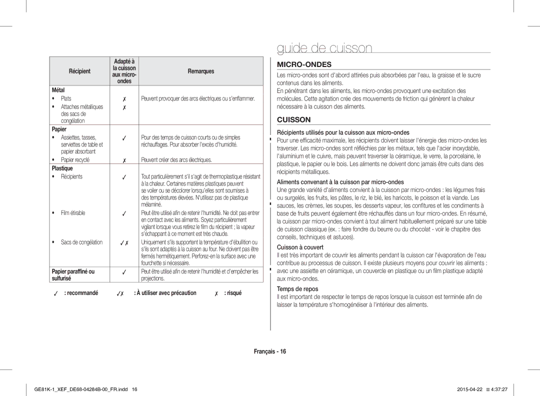 Samsung GE81K-1/XEF, GE81KS-1/XEF manual Guide de cuisson, Micro-Ondes, Cuisson 