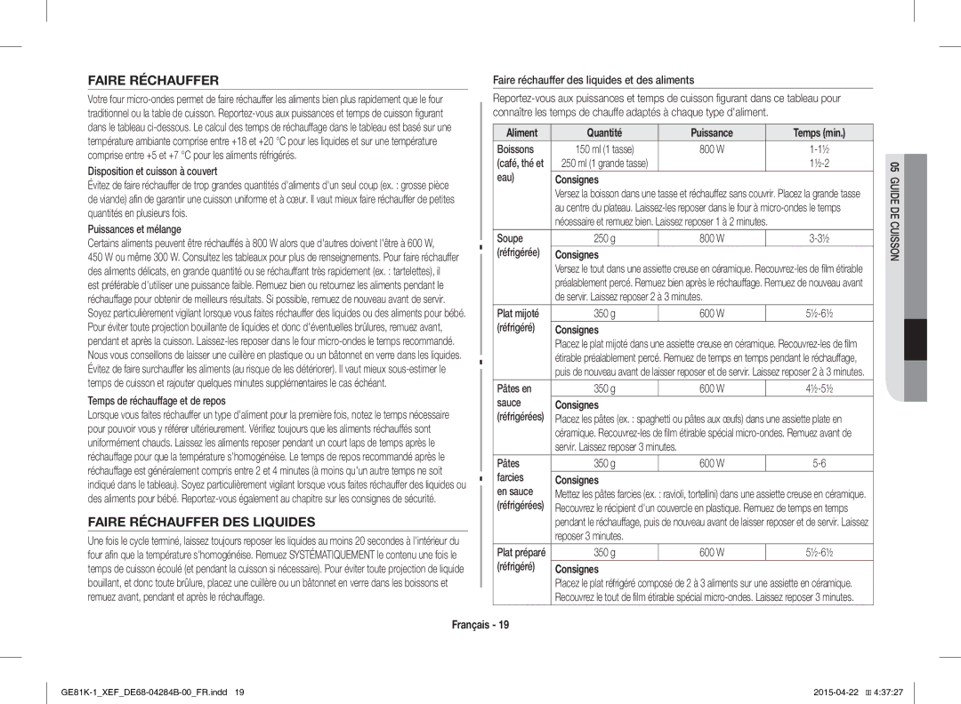 Samsung GE81KS-1/XEF, GE81K-1/XEF manual Faire Réchauffer DES Liquides, Quantité Puissance 