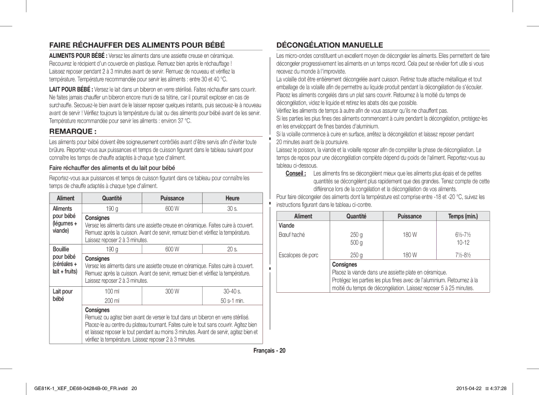 Samsung GE81K-1/XEF, GE81KS-1/XEF manual Remarque, Consignes Aliment Quantité Puissance 