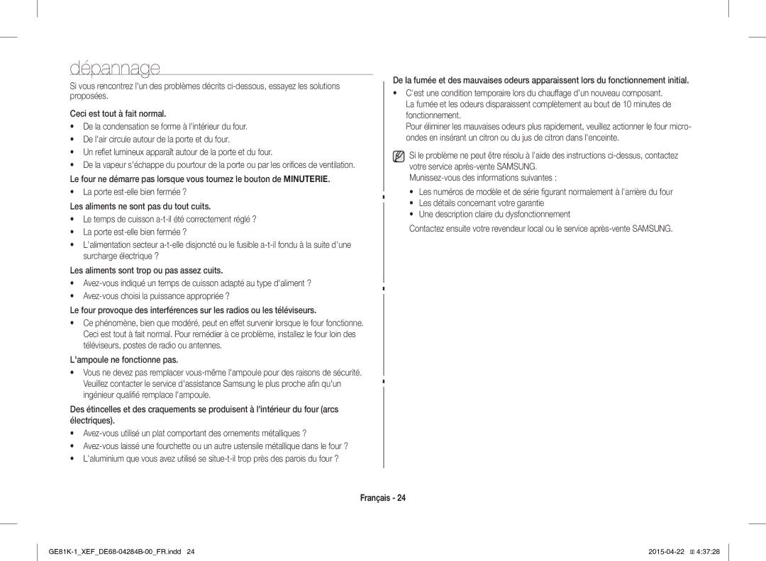 Samsung GE81K-1/XEF, GE81KS-1/XEF manual Dépannage 