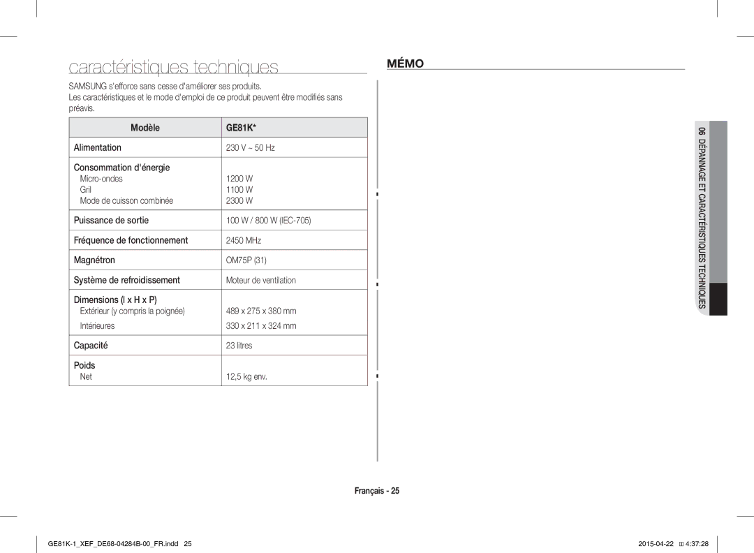 Samsung GE81KS-1/XEF manual Caractéristiques techniques, Mémo, Samsung sefforce sans cesse daméliorer ses produits, Préavis 