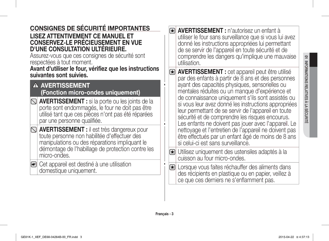 Samsung GE81KS-1/XEF, GE81K-1/XEF manual Avertissement il est très dangereux pour, Consignes DE Sécurité Importantes 