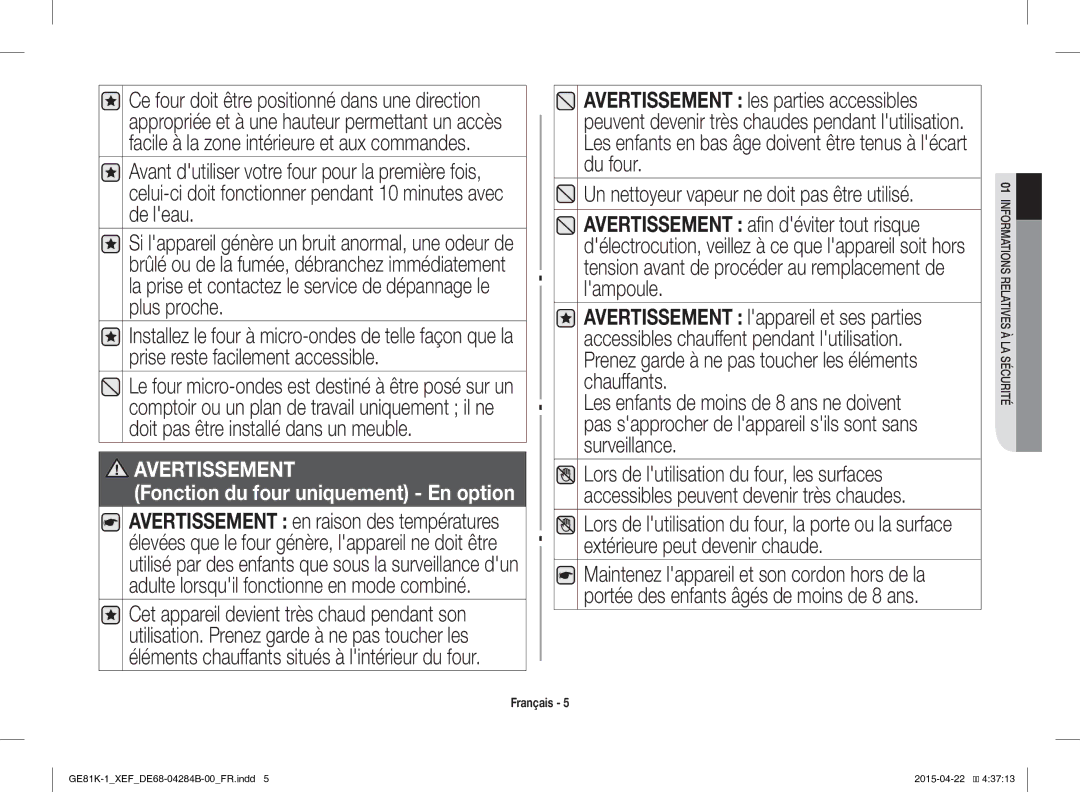 Samsung GE81KS-1/XEF, GE81K-1/XEF manual Fonction du four uniquement En option 