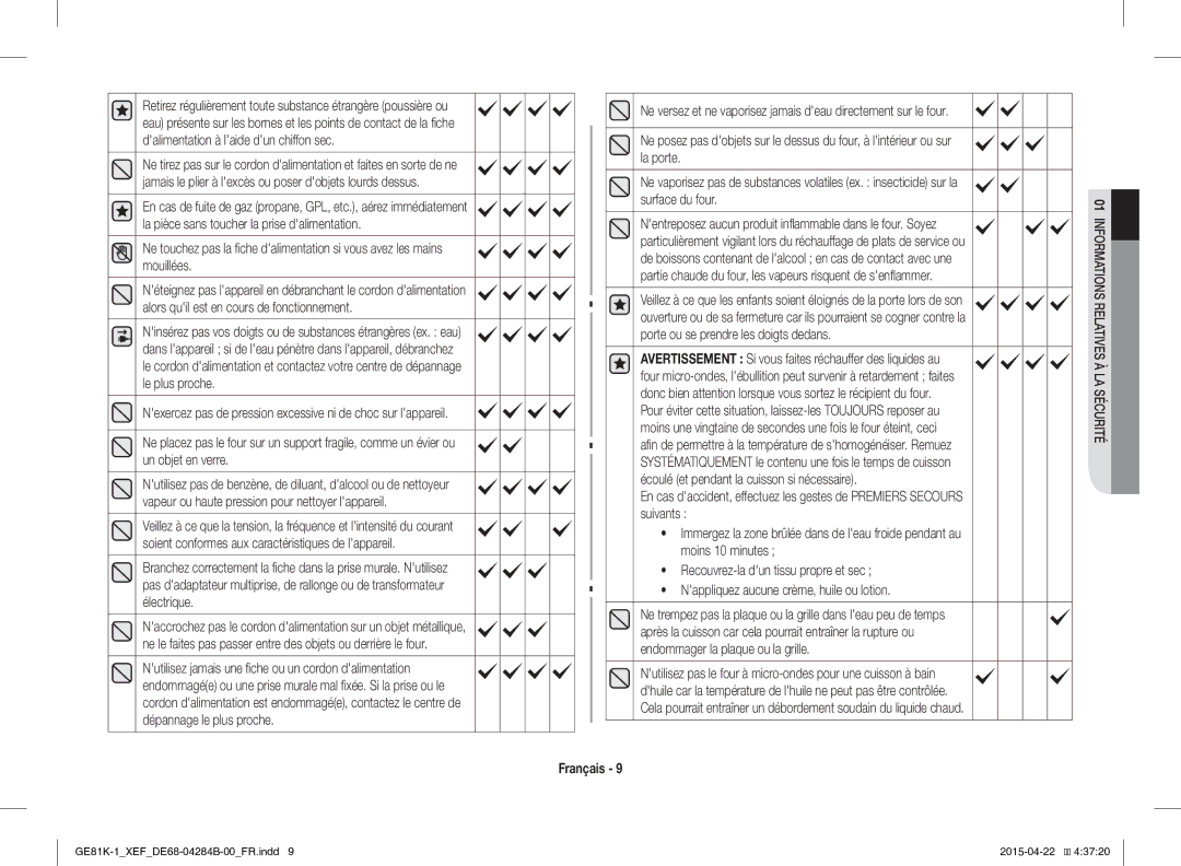 Samsung GE81KS-1/XEF, GE81K-1/XEF manual Plats de service ou, Pour éviter cette situation, laissez-les Toujours reposer au 