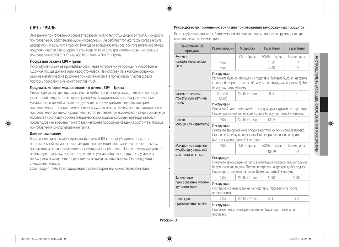 Samsung GE81KB-1/BAL manual Посуда для режима СВЧ + Гриль, Продукты, которые можно готовить в режиме СВЧ + Гриль 