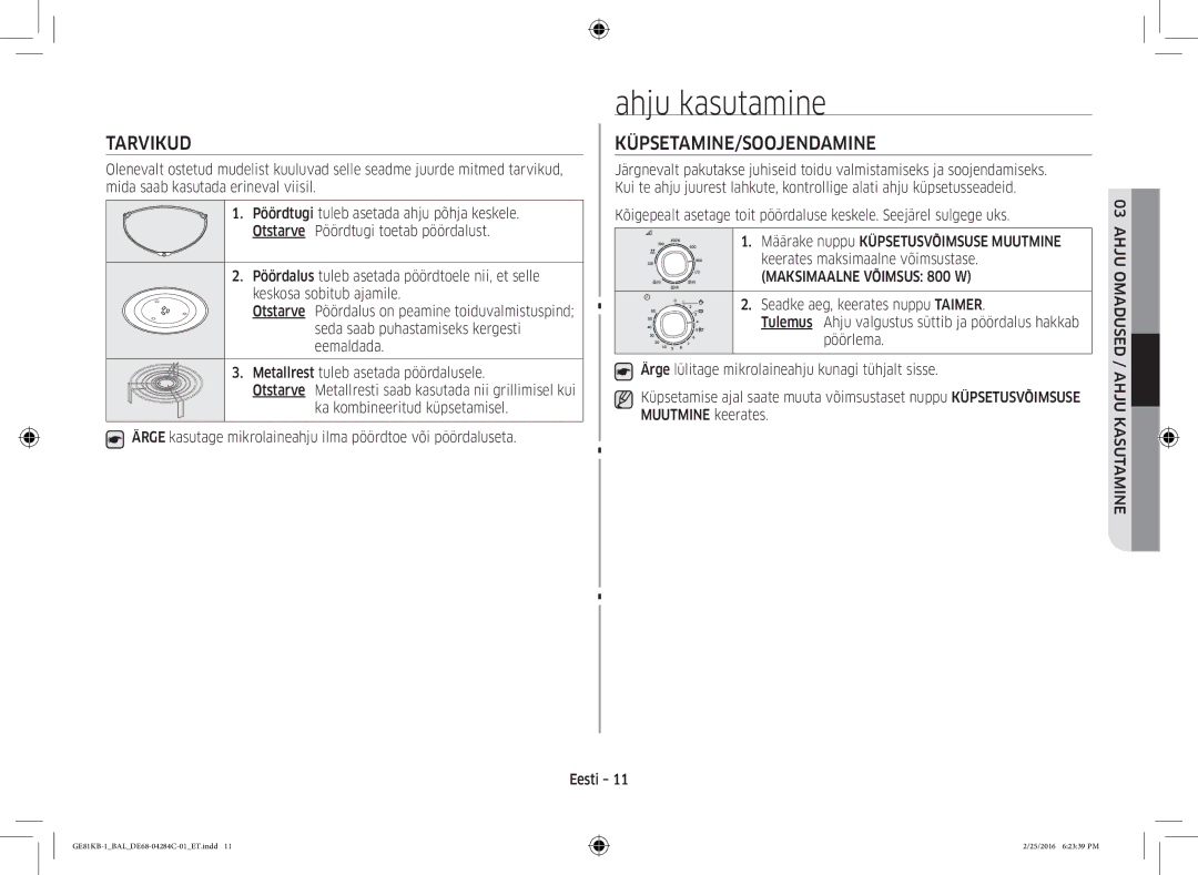 Samsung GE81KB-1/BAL manual Ahju kasutamine, Tarvikud, Küpsetamine/Soojendamine 