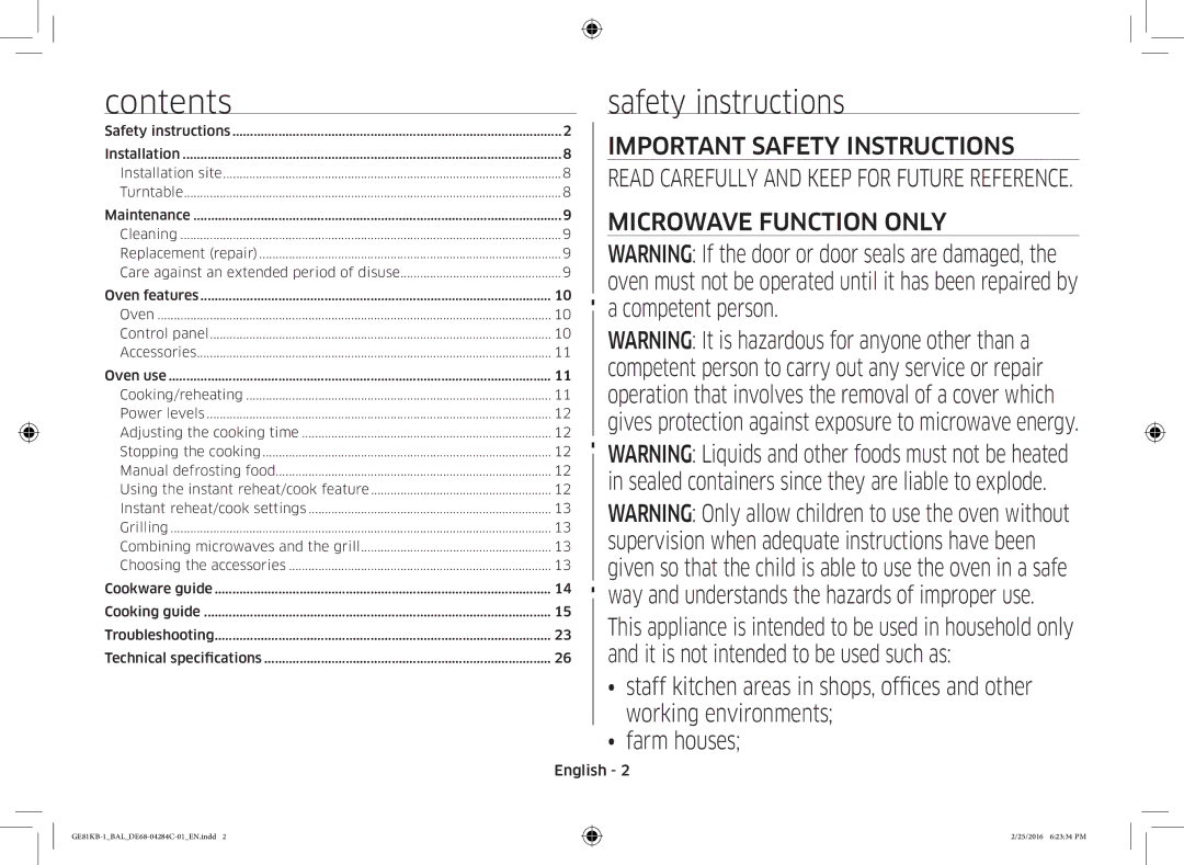 Samsung GE81KB-1/BAL manual Contents, Safety instructions 