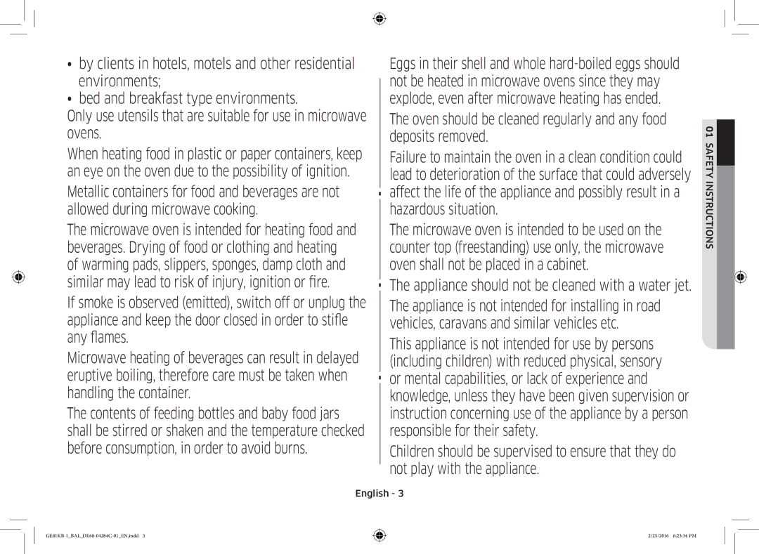 Samsung GE81KB-1/BAL manual Appliance should not be cleaned with a water jet, Safety Instructions 