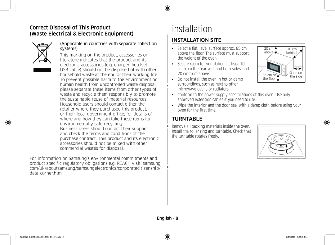 Samsung GE81KB-1/BAL manual Installation Site, Turntable, Applicable in countries with separate collection 