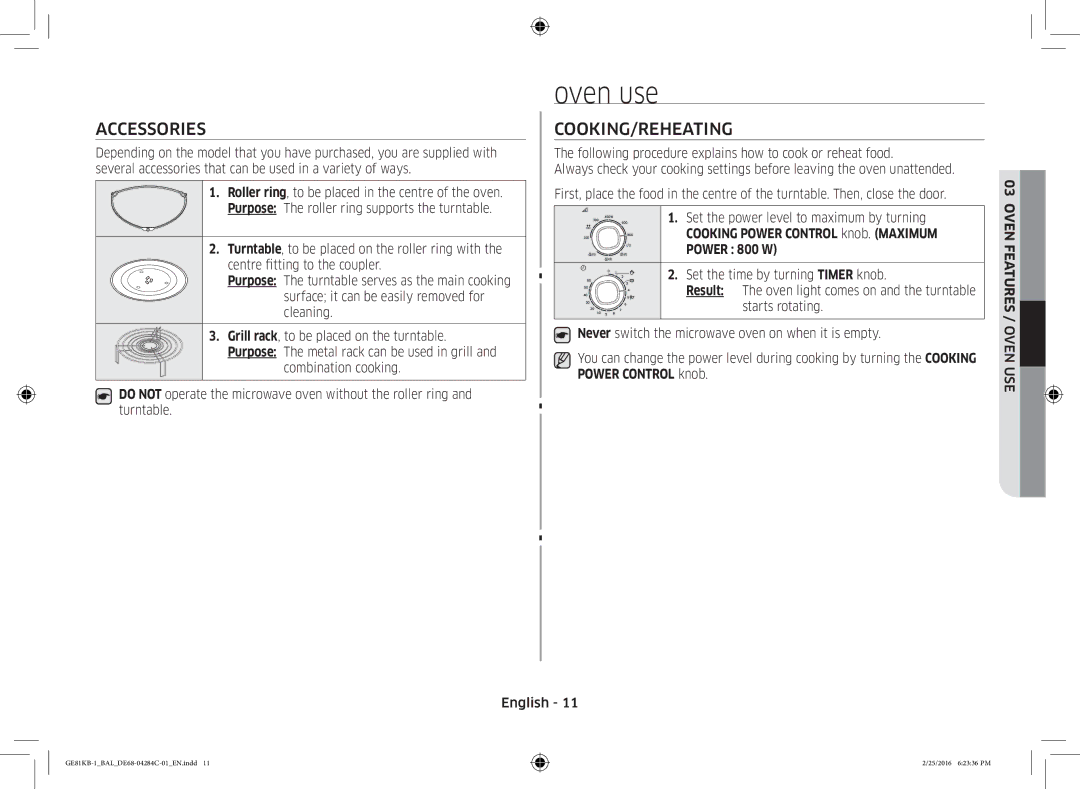 Samsung GE81KB-1/BAL Oven use, Accessories, Cooking/Reheating, Following procedure explains how to cook or reheat food 