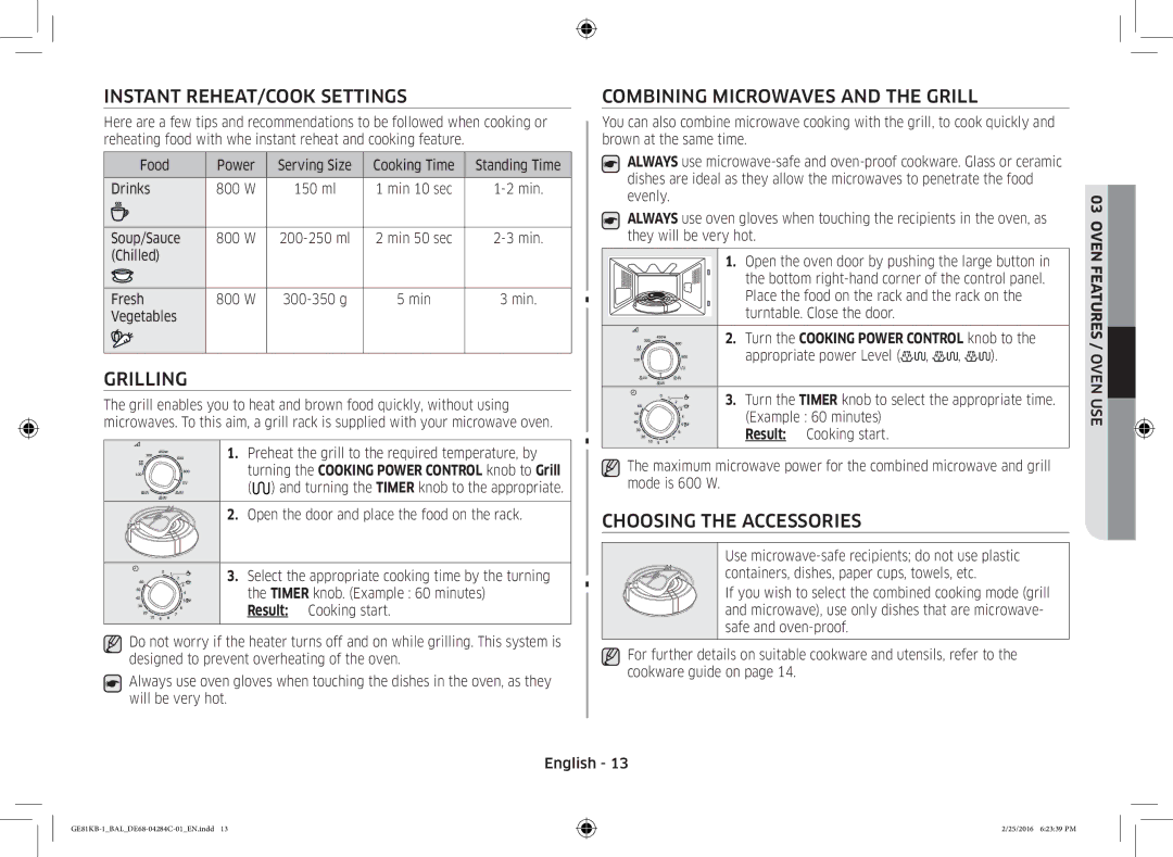 Samsung GE81KB-1/BAL Instant REHEAT/COOK Settings, Grilling, Combining Microwaves and the Grill, Choosing the Accessories 