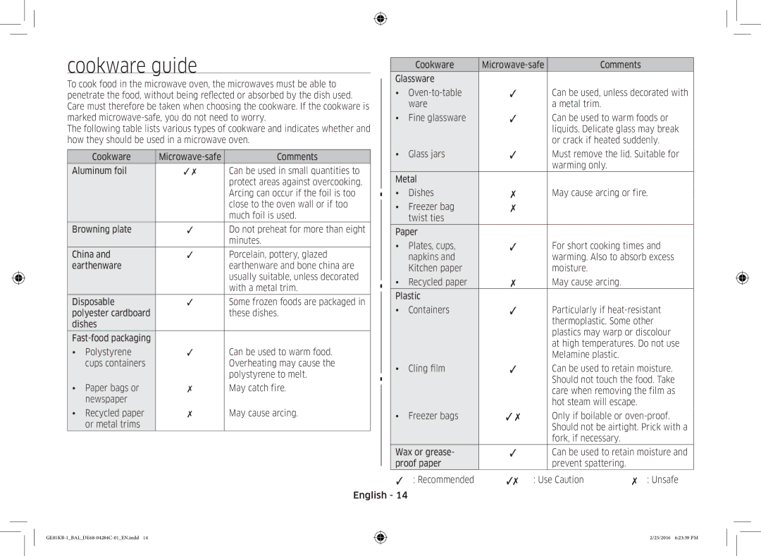 Samsung GE81KB-1/BAL manual Cookware guide 