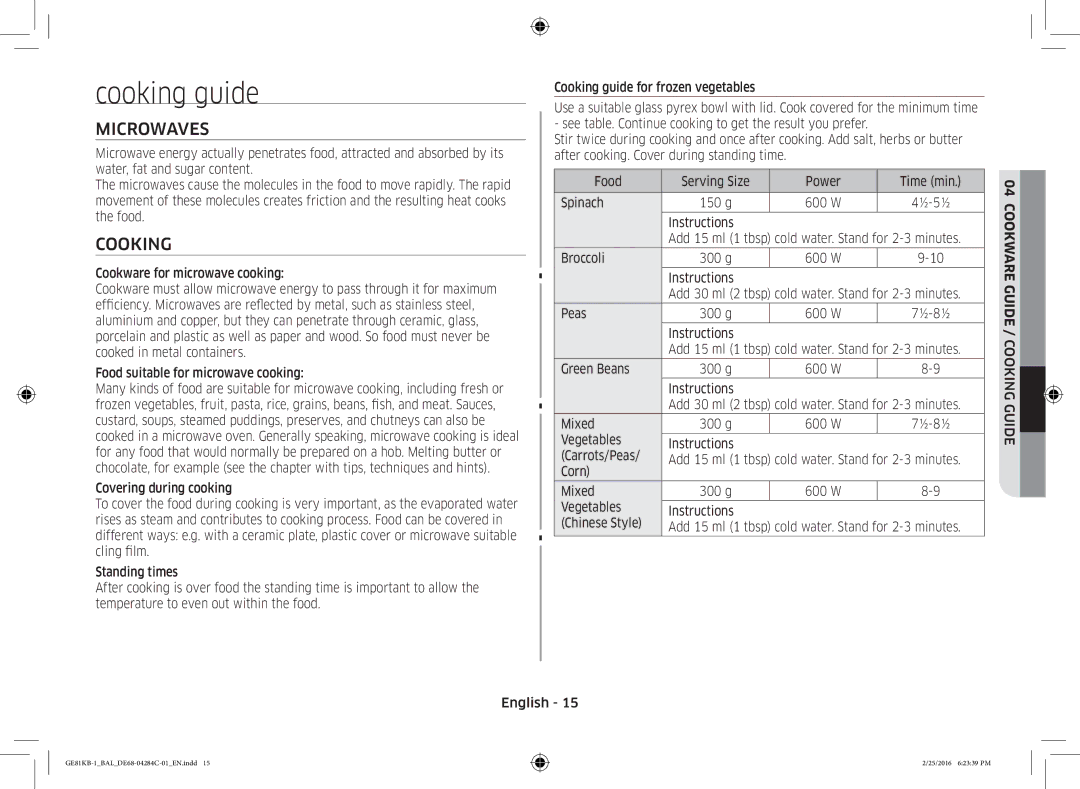 Samsung GE81KB-1/BAL manual Cooking guide, Microwaves 