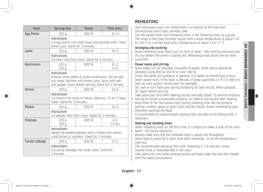 Samsung GE81KB-1/BAL manual Reheating 