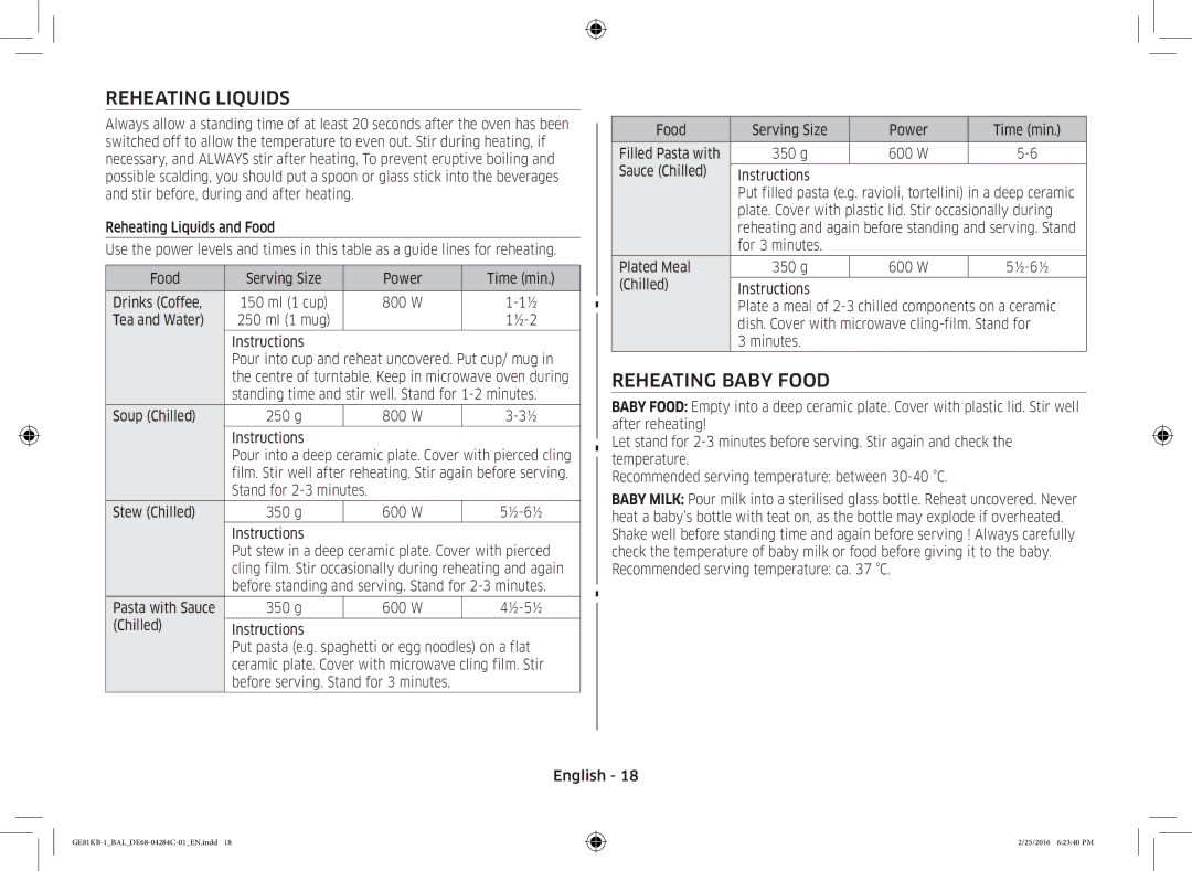 Samsung GE81KB-1/BAL manual Reheating Liquids, Reheating Baby Food 