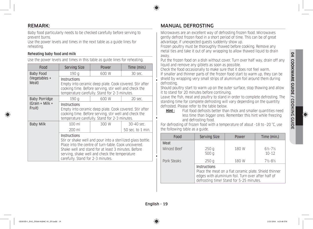 Samsung GE81KB-1/BAL manual Remark, Manual Defrosting 