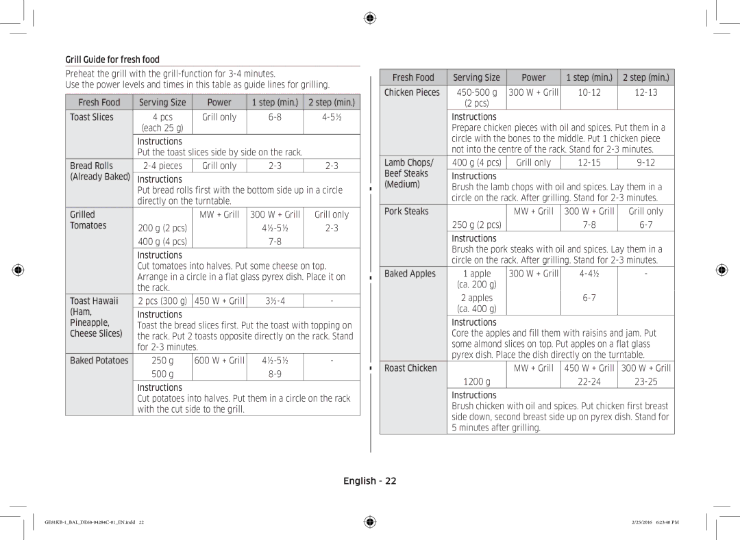 Samsung GE81KB-1/BAL manual Tomatoes 200 g 2 pcs, Rack Toast Hawaii Pcs 300 g, Ham Instructions Pineapple, Cheese Slices 