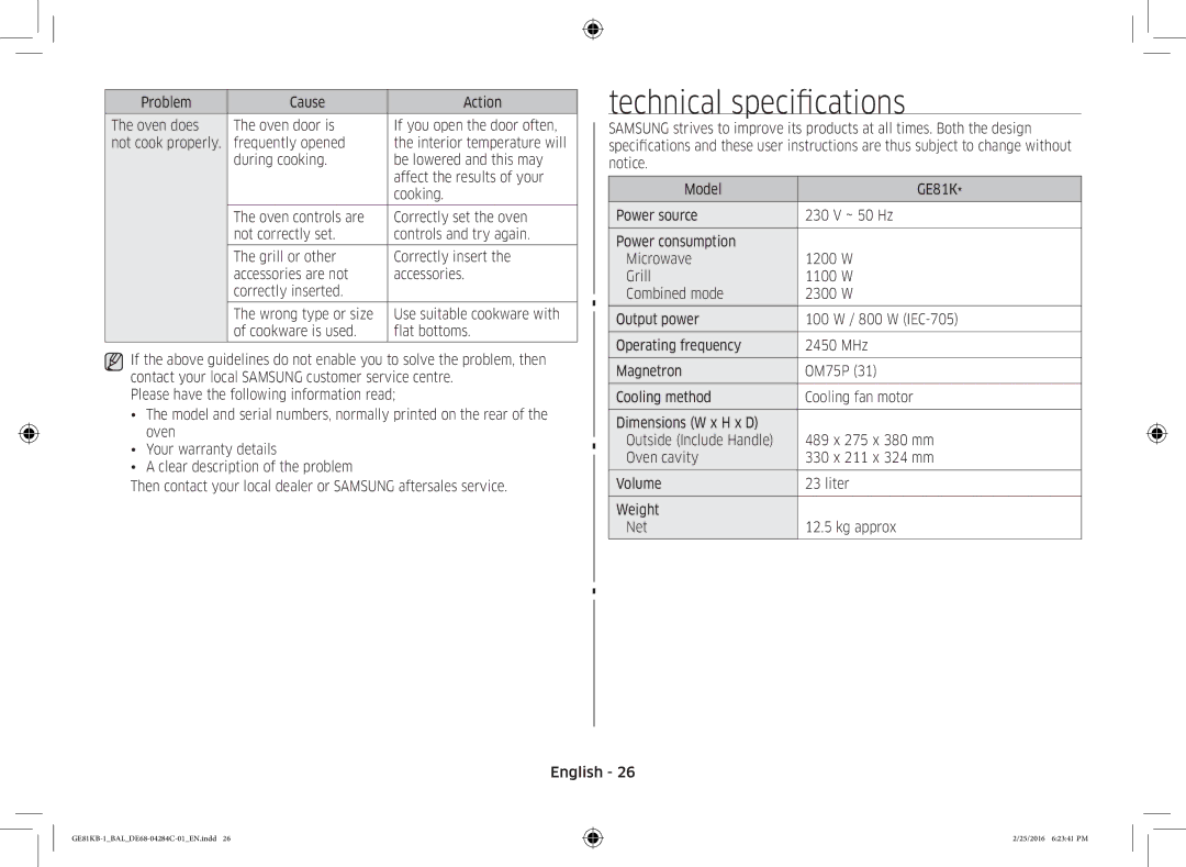 Samsung GE81KB-1/BAL manual Technical specifications 