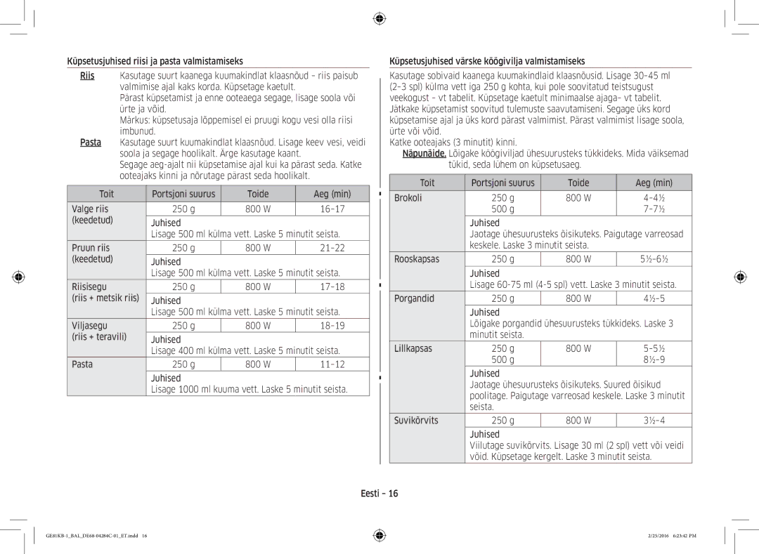 Samsung GE81KB-1/BAL manual g Juhised, Keskele. Laske 3 minutit seista Rooskapsas 250 g, 500 g, Seista Suvikõrvits 250 g 