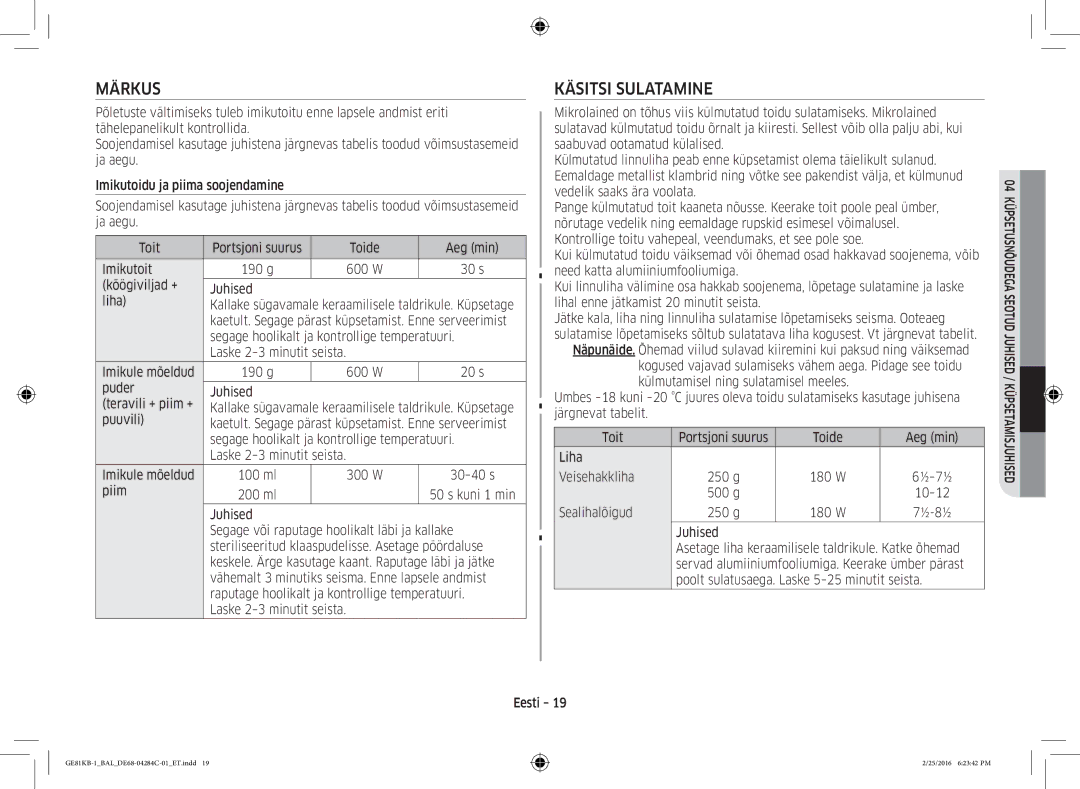 Samsung GE81KB-1/BAL manual Märkus, Käsitsi Sulatamine 