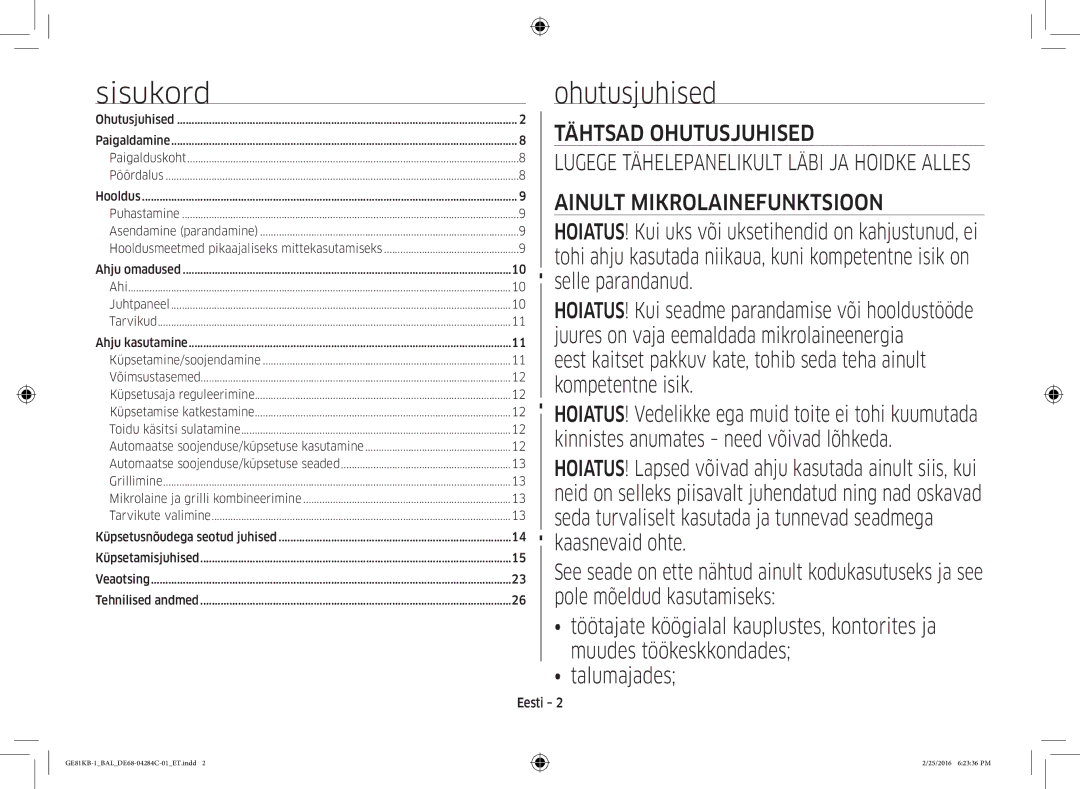 Samsung GE81KB-1/BAL manual Sisukord, Ohutusjuhised, Selle parandanud, Eesti 