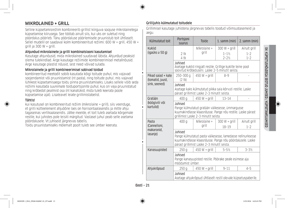 Samsung GE81KB-1/BAL manual Mikrolained + Grill 