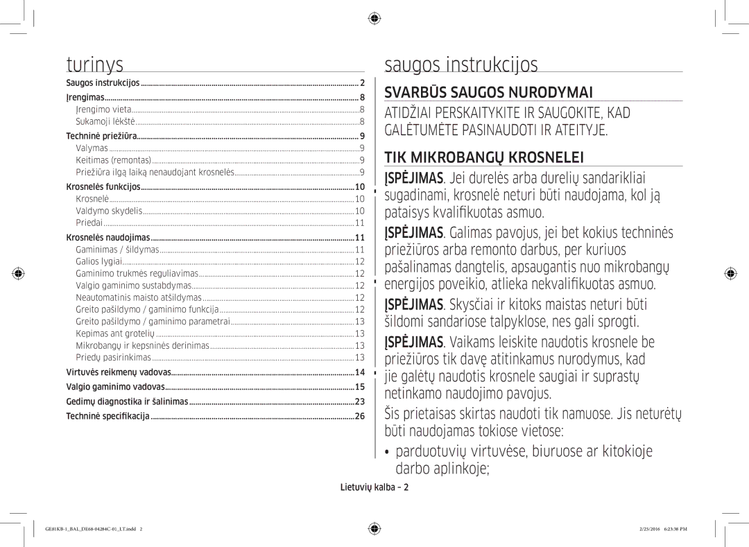 Samsung GE81KB-1/BAL manual Turinys, Saugos instrukcijos, Pataisys kvalifikuotas asmuo, Lietuvių kalba 