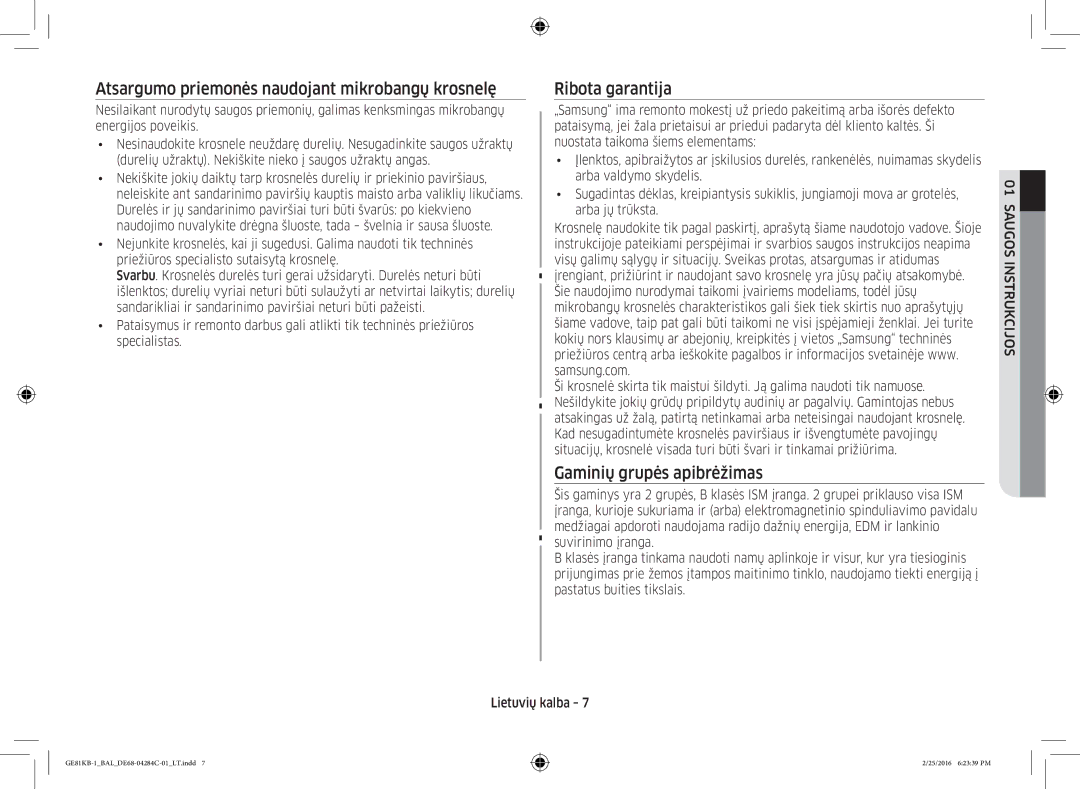 Samsung GE81KB-1/BAL manual Atsargumo priemonės naudojant mikrobangų krosnelę 